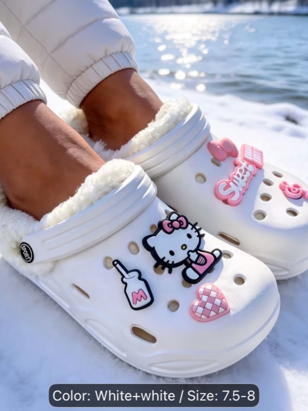 White Fuzzy Lined Clog Sneakers with Cute hello kitty  Charms